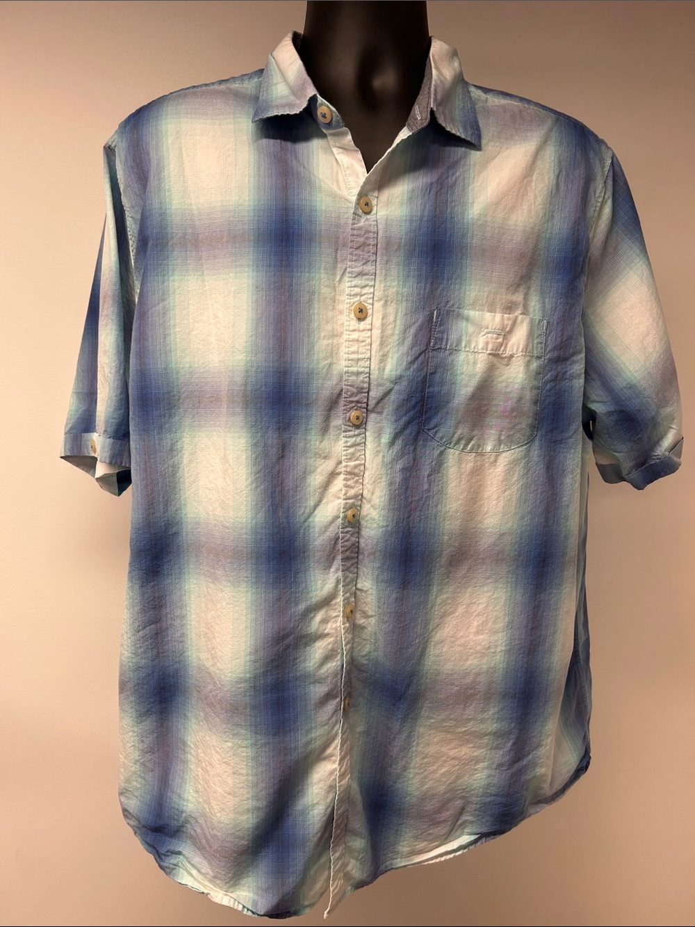 Caribbean Mens XL Blue Plaid Short Sleeve Button Down Shirt Cotton Lyocell